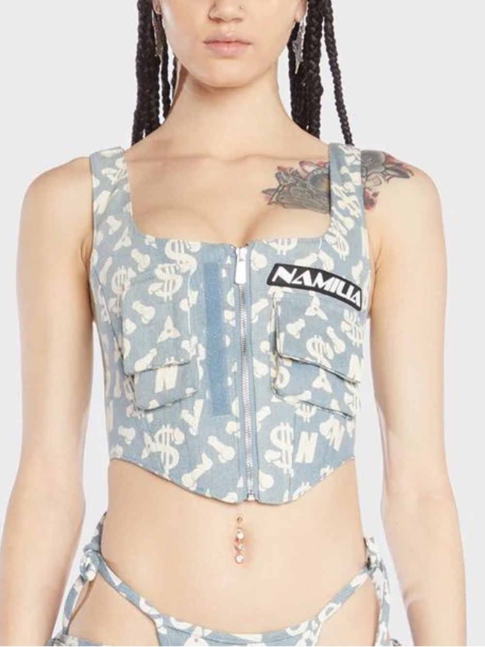 Namilia Y2K Signature Print Denim Corset Top Zip Front Laced Back Blue Womens L
